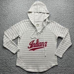 Blue 84 Hoodie Womens L Gray Striped Indiana Lace Up Front Sweatshirt Pullover